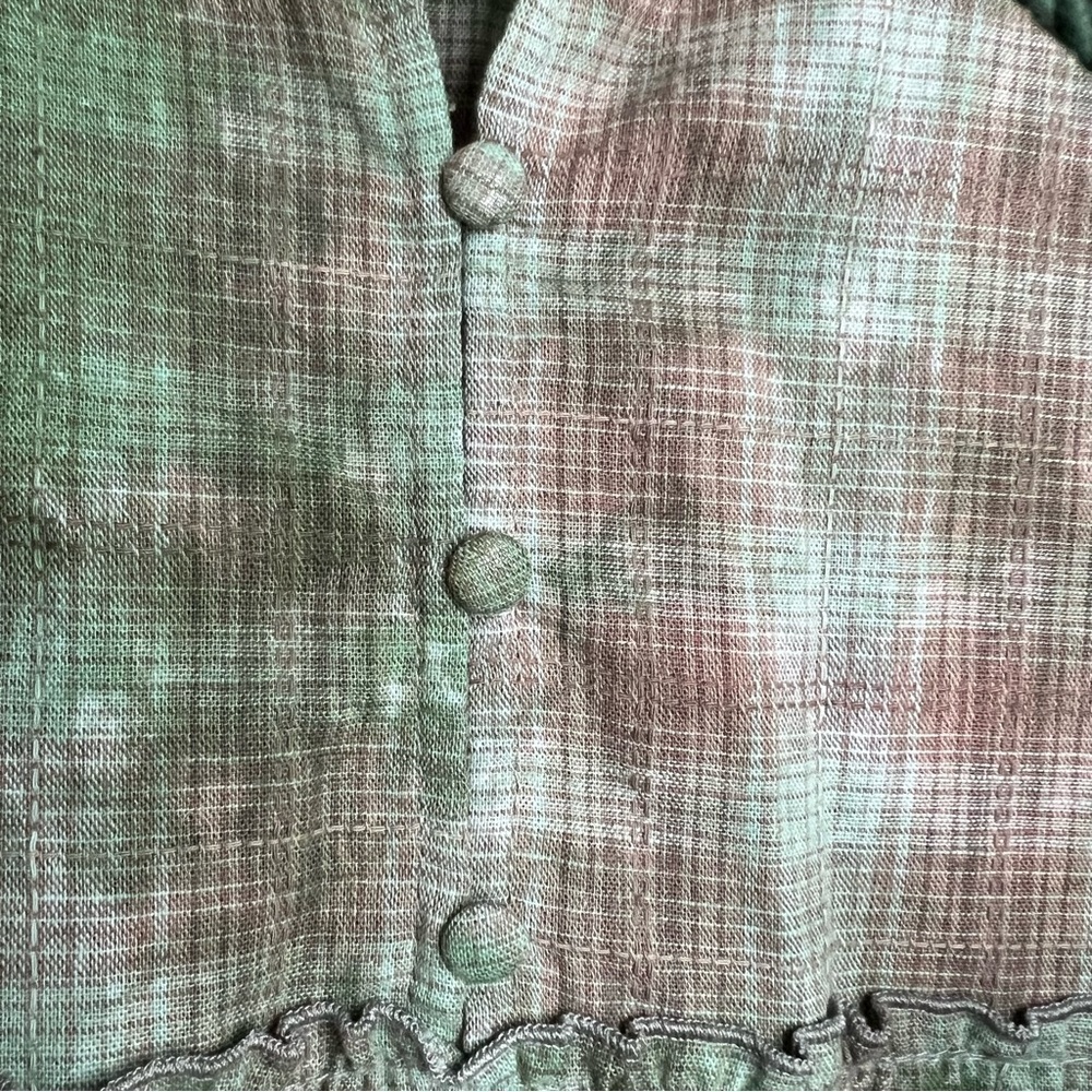 On You | Linen Tiered Tie Dye Mini Dress Babydoll Cuff Sleeve Bamboo Green Sz L - Picture 3 of 15
